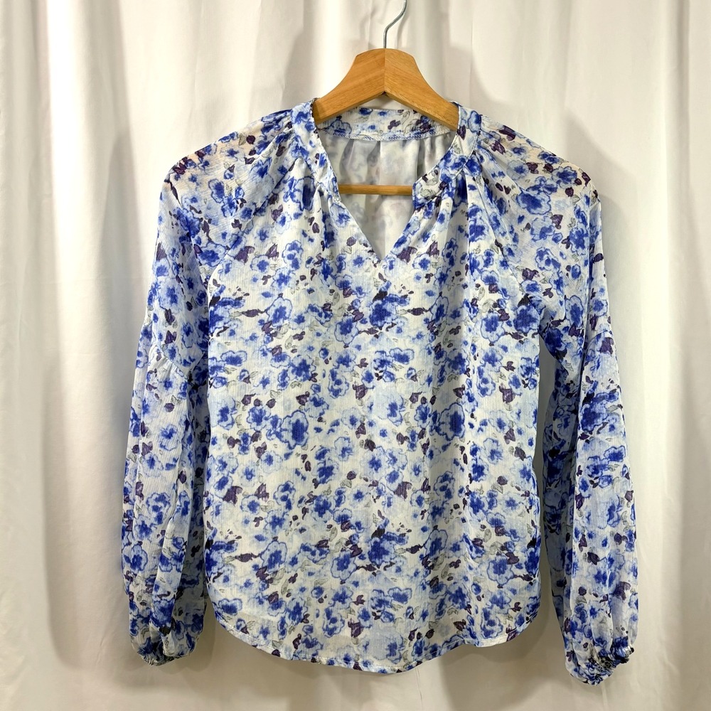 Girls White, Blue & Purple Floral Lined Blouse- Bell Sleeves-Size 10/11 XL